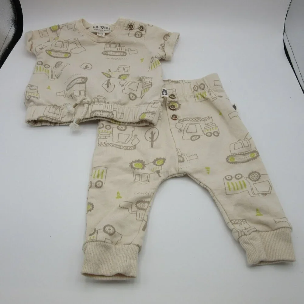 Rabbit and Bear Outfit Organic Cotton Beige Trucks Tractors Comfy Baby 3 Months